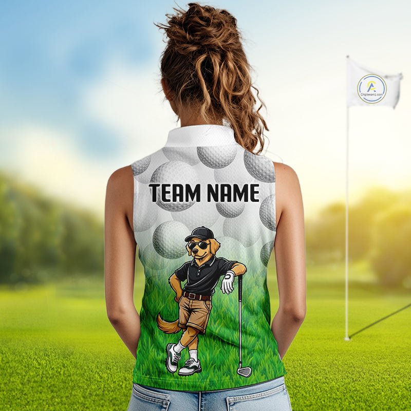 Funny Womens Golf Sleeveless Polo Shirt Custom Golden Retriever Golfer Grass Pattern Golf Team Outfits NYN3396