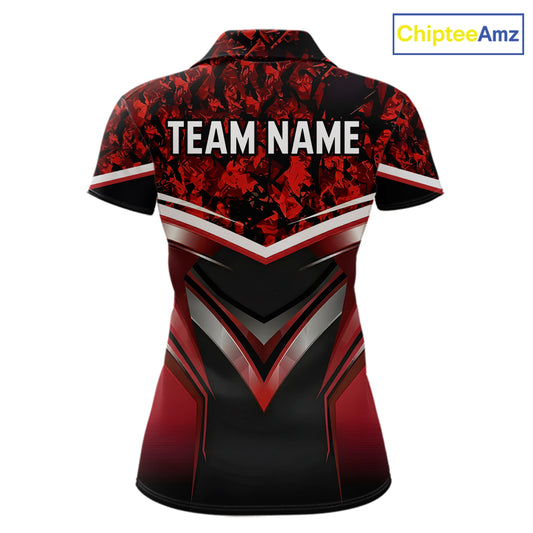Black & Red Geometric 8 Ball Pool Polo & 1/4-Zip Shirt For Women Custom Pool Billiard Team Jerseys NYN2980