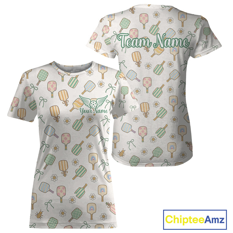 Custom White Flowers Paddle Pickleball T-Shirt For Women Outfits Funny Pickleball Jersey NYN1373
