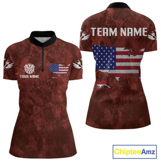 US Flag & Map Dartboard Women's Red Darts Shirt - Custom Name For Darts Jersey NYN0524