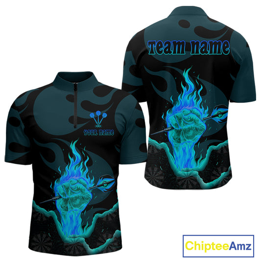 Flaming Hand & Dart Arrow Darts Shirts For Men - Custom Name & Team | Opt3 - Turquoise NYN0641