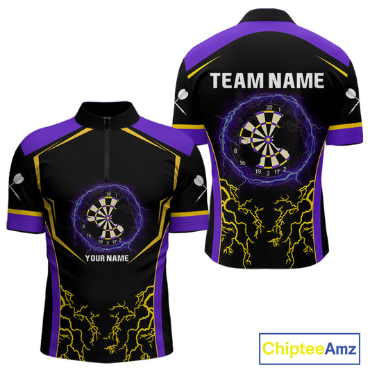 Yellow And Purple Lightning Scratched Dartboard Darts Shirt For Men - Custom Name NYN0383
