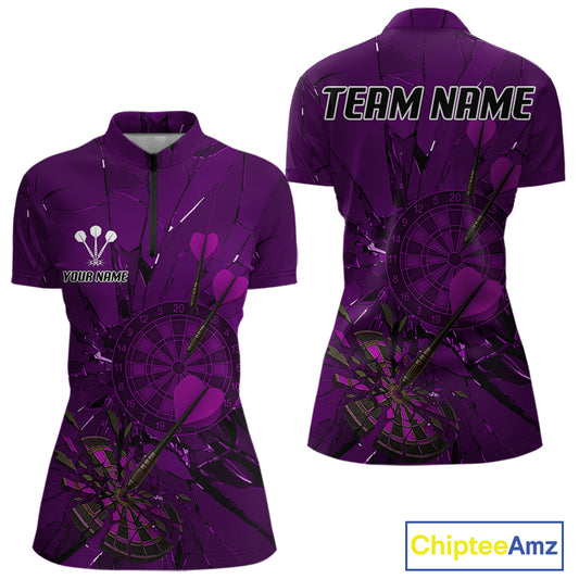 Cracked Dartboard Broken Glass Women's Darts Shirt Custom Name & Team | Opt3 - Purple NYN0655