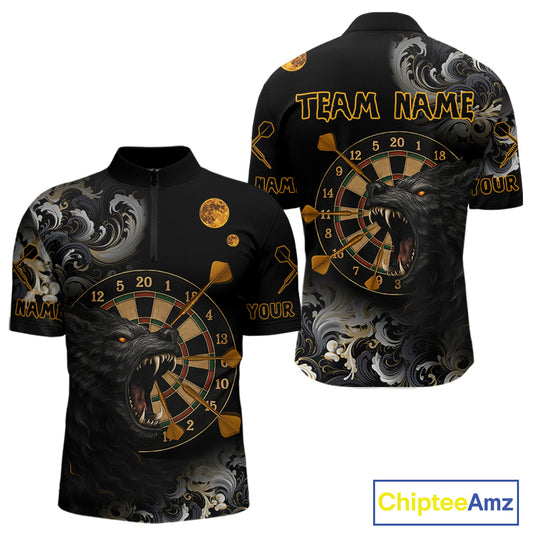 Black Ferocious Wolf & Gold Dartboard Darts Team Shirt For Men - Customizable Name NYN0389