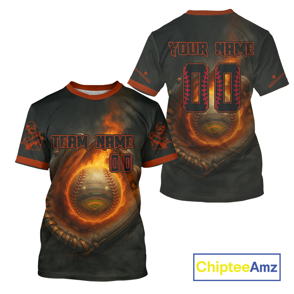 Men's 3D Baseball T-Shirt Personalized Catching Flame Ball For Baseball Fans NYN0895