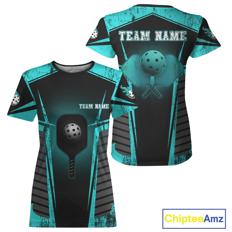 Custom Turquoise Grunge Pickleball Ball T-Shirt For Women Outfit Pickleball Team Jerseys NYN1299