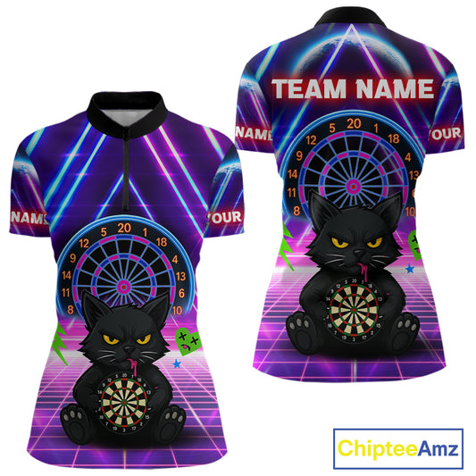 Dark Cat & Neon Electric Women's Darts Shirt - Custom Name For Dart Players NYN0416