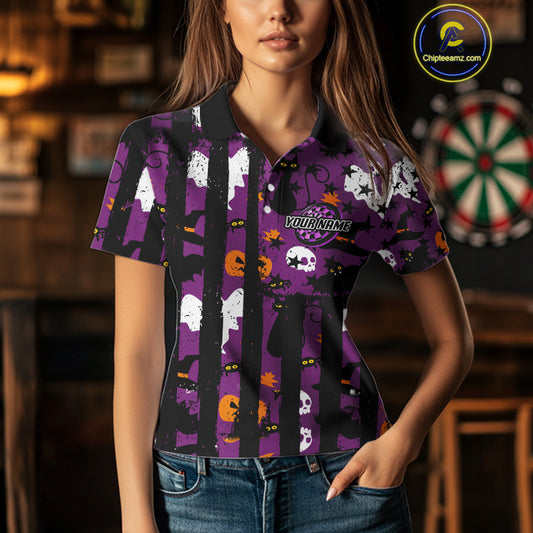 Pumpkin & Dartboard Custom Funny Halloween Dart Polo Shirts For Women, Dart Team Jerseys NYN0806