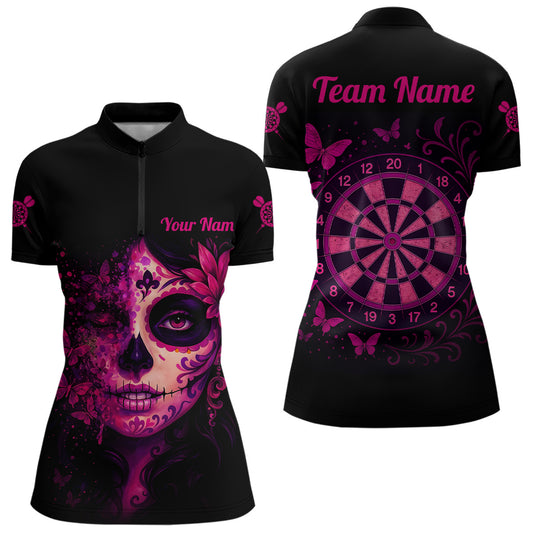 Women’s Darts Team Shirt - Blossom Skull & Floral Dartboard | Custom Name Option NYN0315