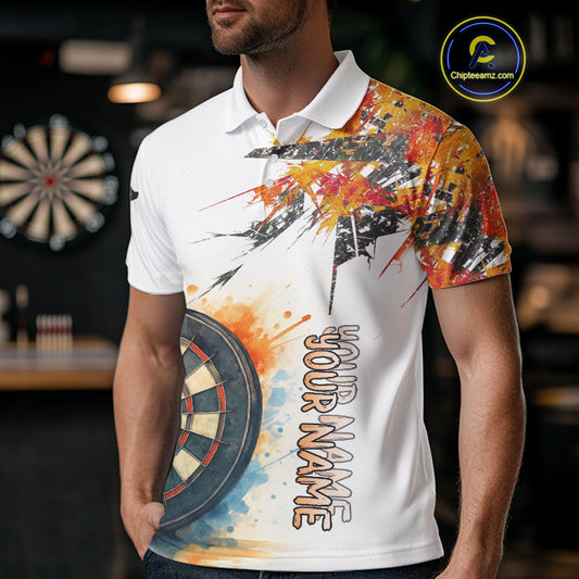 Custom Grey And Yellow Splashed Dartboard Darts Polo Shirt For Men Darts Team Jerseys NYN0948