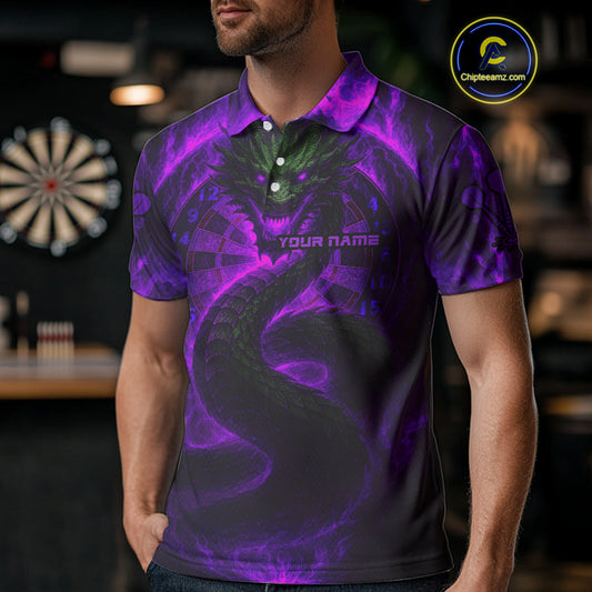 Personalized Purple Flames Dragon Dartboard Darts Polo Jerseys For Men, Dart Team Jerseys NYN0964