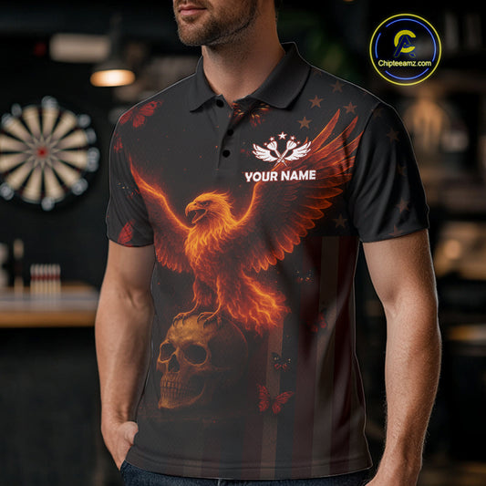 Custom US Flag Patriotic Polo Dart Shirt For Men Flame Eagle Skull Dart Jersey NYN1331