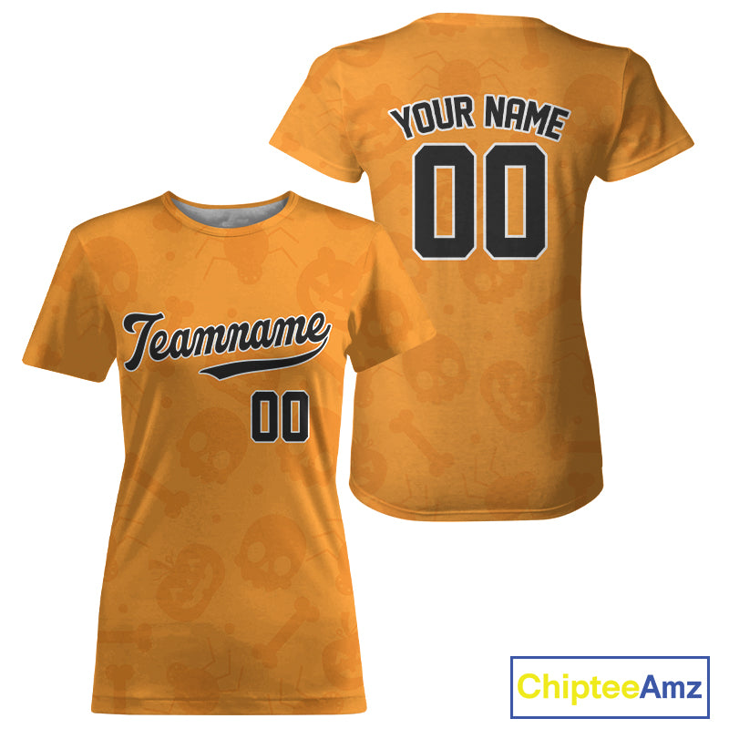 Custom Black Orange Halloween Baseball T-Shirt For Women Halloween Baseball Team Shirt NYN1280