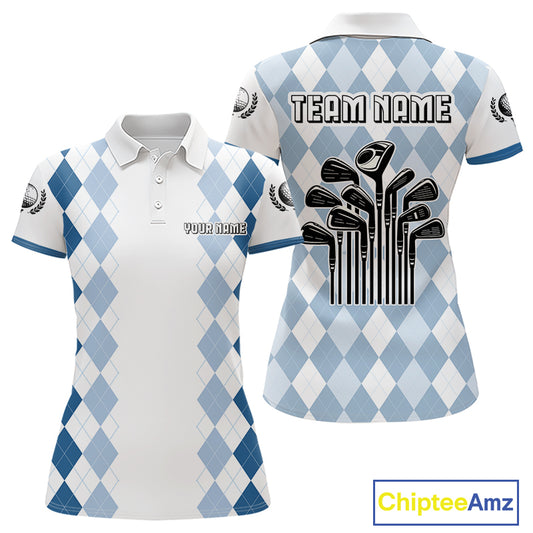 Womens Argyle Pattern Golf Polo Shirts, Blue Argyle Golf Attire Custom Golf Clubs Pattern Upf Shirts NYN2999