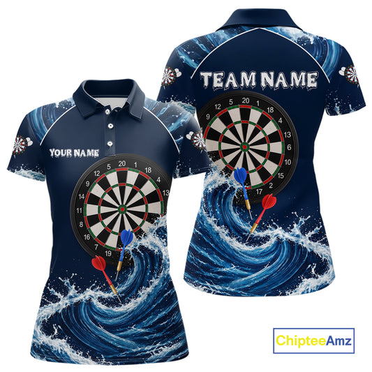 Blue Waving dartboard women's darts polo featuring flowing wave graphics, custom dart tournament jersey, personalized league apparel, precision-inspired performance clothing, steel tip darts uniform