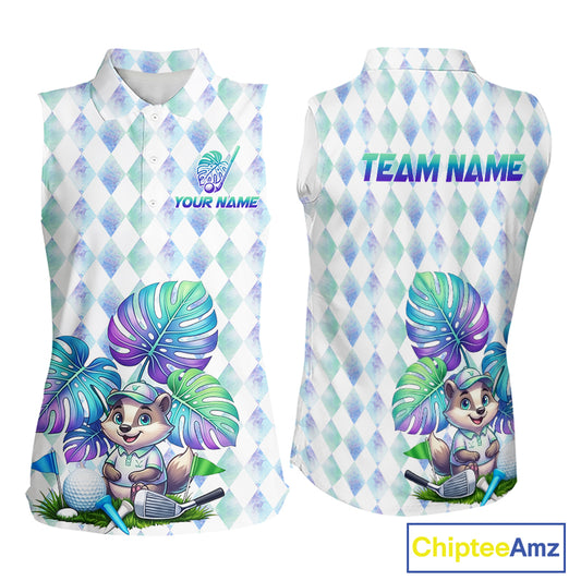 Funny Womens Golf Sleeveless Polo Shirt Holographic Argyle Monstera Golf Ball Personalized Raccoon Golf Shirts NYN3094