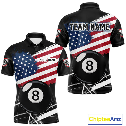 American Flag Splash 8 Ball Billiard Polo Shirt For Men, Patriotic Pool Team Jersey, Custom Billiards League Apparel