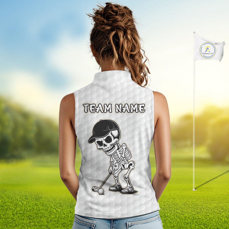 Female golfer wearing tropical skull golf polo on sunny golf course, fashionable golf apparel representing freedom, nature and resort living.