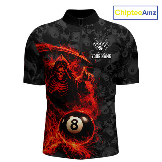 Personalized Red Flaming Grim Reaper 8 Ball Pool Billiard Shirts For Men Billiard Attire Gifts NYN2792