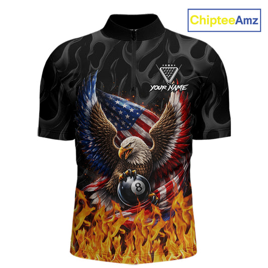 Personalized Fire Flame US Flag Eagle 8 Ball Pool Billiard Shirts For Men Patriotic Billiard Gifts NYN2793