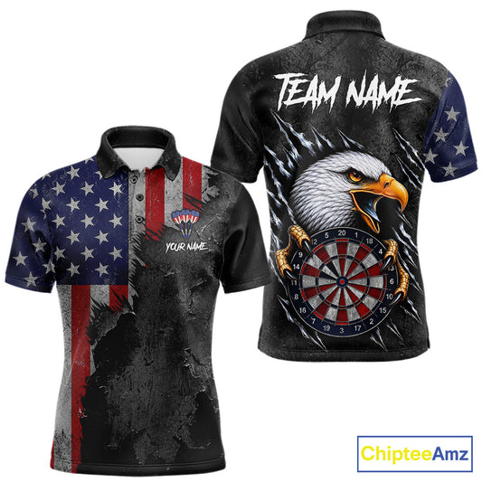 Personalized Grunge American Flag Eagle Men's Darts Polo Shirt Mockup, USA Dart Tournament Uniform