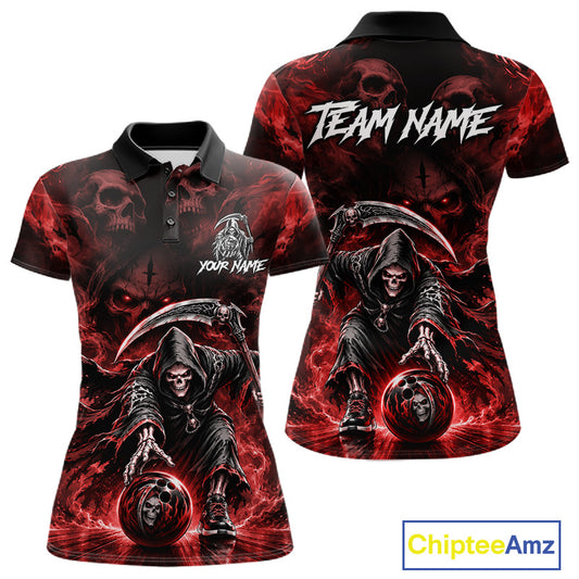 Black & Red Flame Grim Reaper Bowling Polo featuring fiery skull artwork, personalized bowling team jersey, breathable performance polo, gothic sportswear, biker style, custom tournament apparel, flame graphics.