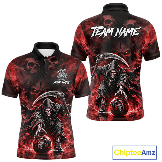 Black & Red Flame Grim Reaper Bowling Polo featuring personalized player name, custom skull graphics, moisture-wicking athletic bowling apparel, heavy metal inspired sportswear.