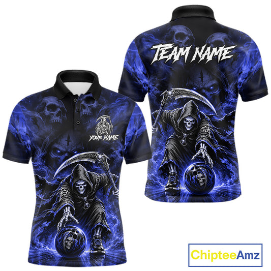 Black & Blue Flame Grim Reaper Bowling Polo featuring custom player name, blue flame graphics, moisture-wicking bowling jersey, custom tournament apparel, biker-inspired fashion.