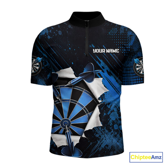 Custom Grunge Blue Torn Darts Polo & Quarter-Zip For Men Blue Spatter Outfit Dart Team Jerseys NYN2903