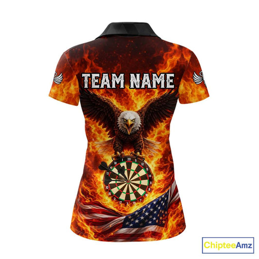 Personalized Eagle US Flag Fire Flame Dartboard Women Darts Polo Shirt Custom Darts Team Jersey|Red NYN2584