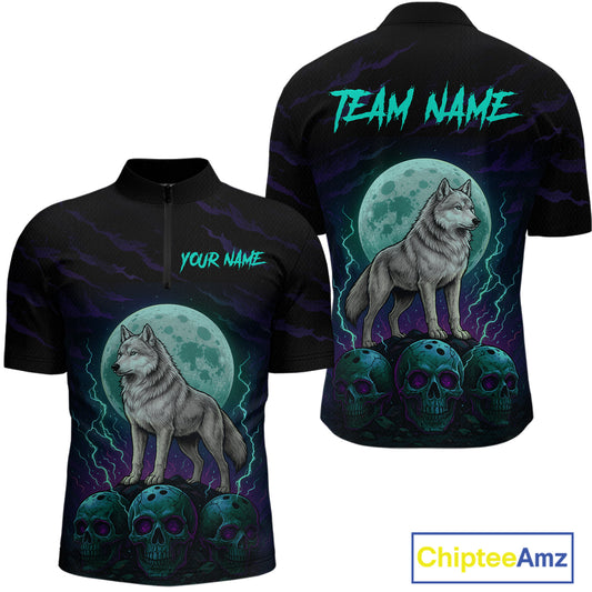 Teal And Purple Wolf & Skull Bowling Team Shirt for Men Custom Bowling League Jersey Bowling Unisex QZT750
