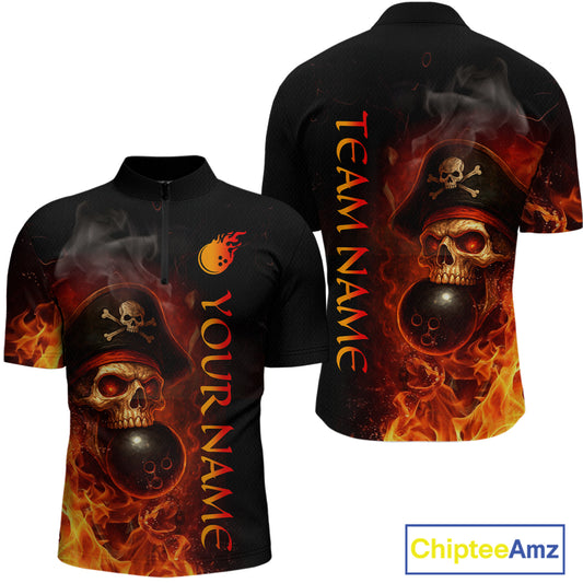 Orange Flame Pirate Skull Bowling Team Shirt for Men Bowling League Jersey Polo Bowling Outfit QZT763