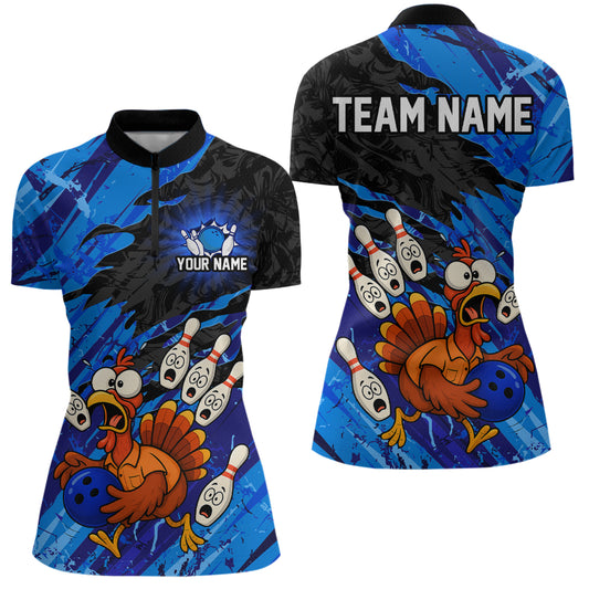 Custom Blue Turkey Bowling Shirt Funny Ball Pin League Jersey for Women Polo Outfit QZT765