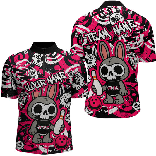 Custom Pink Skull Bunny Bowling Shirt Gothic Men Bowling League Polo Bowling Halloween QZT747
