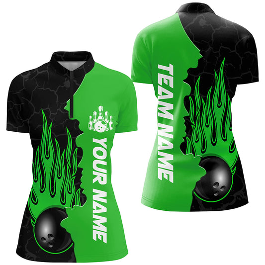 Green Flame Bowling Quarter Zip Shirts Men & Women Custom Bowling Team League Jerseys BDT471