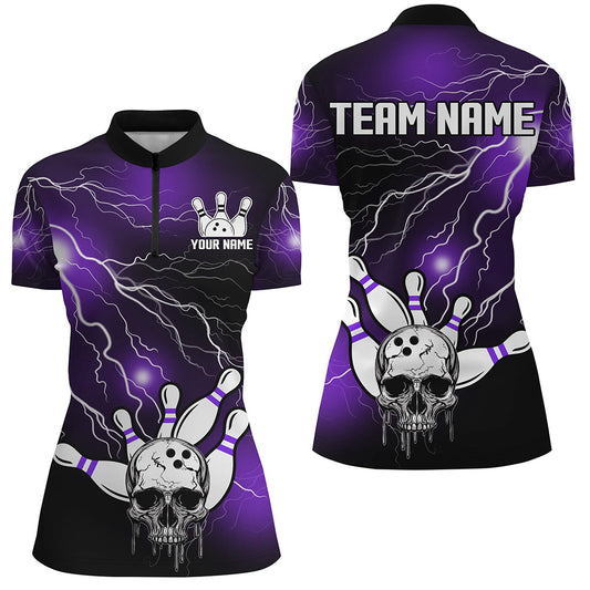 Skull Bowling 1/4 Zip Shirt For Men & Women Light Thunder Purple Bowling Team Jersey Halloween BDT541