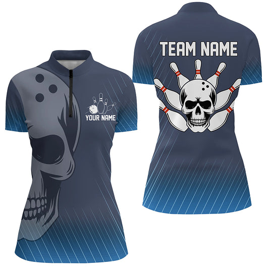 Blue Skull Bowling Shirts Men & Women Custom 1/4 Bowling Team Jersey Unisex BDT484