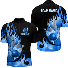 Load image into Gallery viewer, Custom Black & Blue Bowling Shirts For Men & Women Flame Bowling Team Jersey Quarter-Zip BDT536
