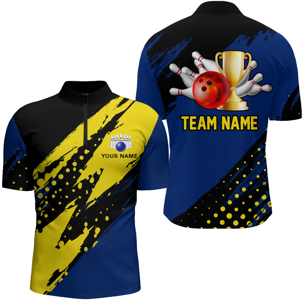 Custom Bowling Quarter-Zip Shirt For Men Black&Blue Bowling Jersey Bowling League Shirt For Team BDT154