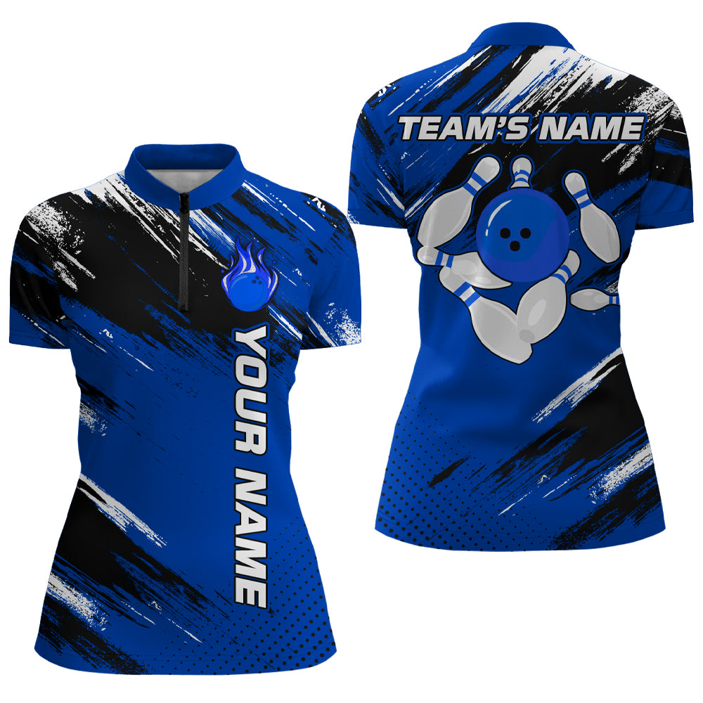 Custom Bowling Jersey for Men & Women Flame Blue Bowling Quarter-Zip Shirt Team League BDT556
