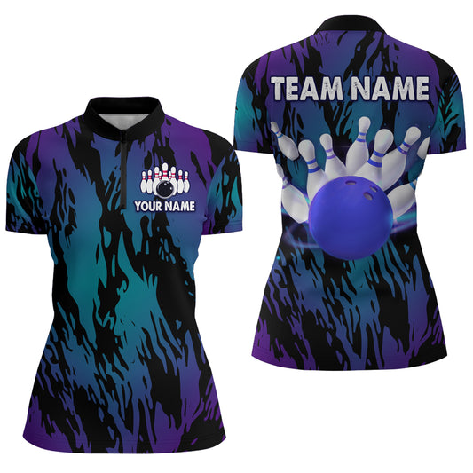 Teal&Purple Camo Bowling Shirt Unisex Bowling Team Jersey Men & Women Custom Bowling 1/4 Zip BDT558
