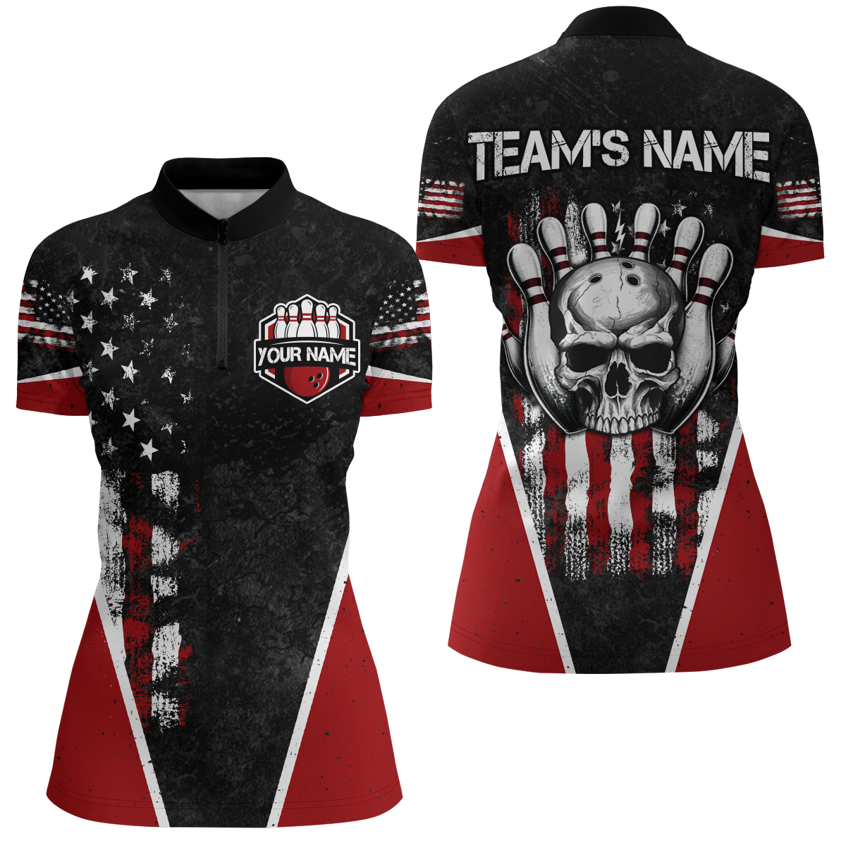 Skull Bowling Shirt Personalized American 1/4 Zip Bowling Team Jersey for Men & Women BDT475