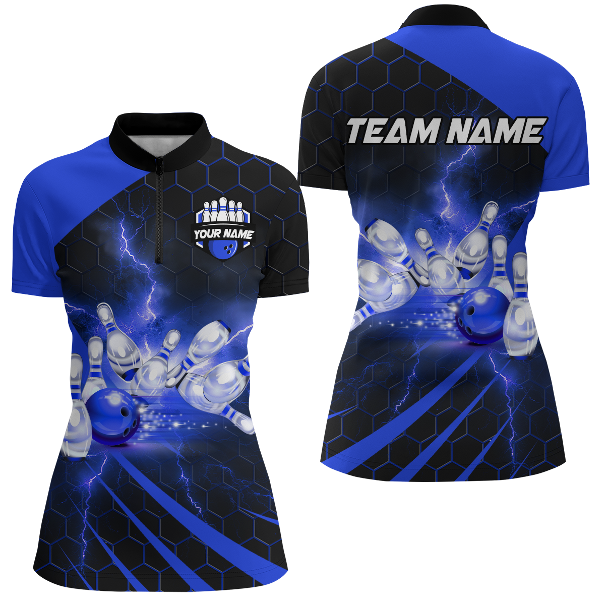 Custom Bowling Jersey For Couples Blue Bowling 1/4 Zip Shirts For Men And Women BDT491