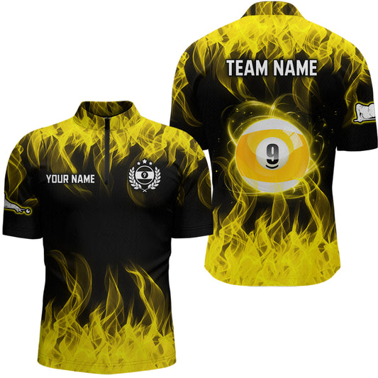 Personalized Yellow Flaming Billiard Jerseys 9 Ball Pool Billiard Shirts for Men Team Polo & 1/4 Zip Shirt NNT32