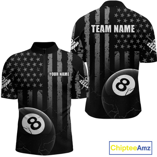Custom American Flag 8 Ball Billiard Shirts for Men, Billiard Team Polo & 1/4 Zip Shirts NNT64