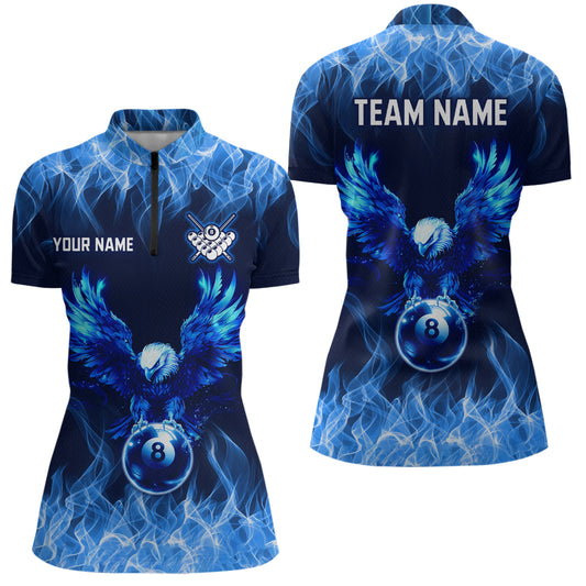 Personalized Blue Eagle Flaming 8 Ball Pool Bliiard Polo & 1/4 Zip, Billiard Shirt for Women Team NNT36