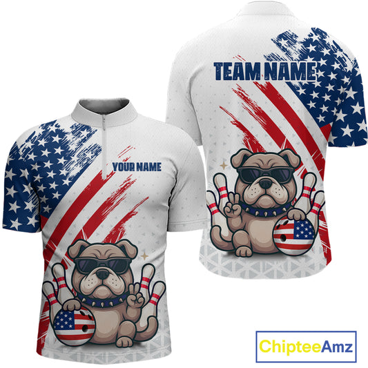 Funny US Flag French Bulldog Bowling Men Polo & 1/4 Zip Shirts Bowling Team Jersey HNT88