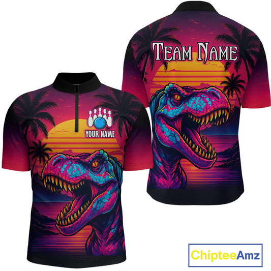 Custom Neon Dinosaur Bowling Men Bowling Shirt Polo & Quarter-Zip Bowling Team Jerseys HNT78