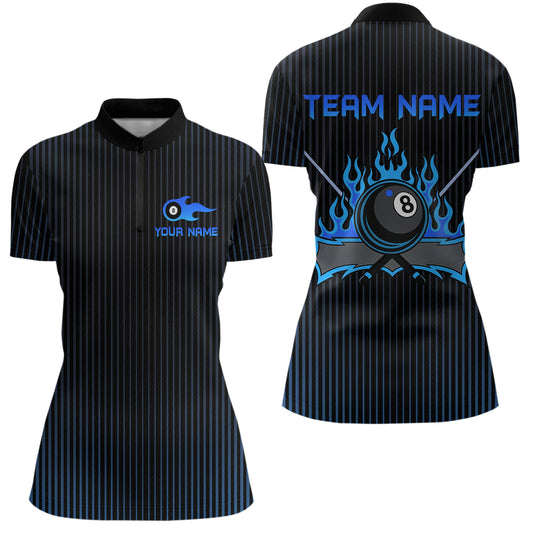 Custom Blue 8 Ball Flame Billiard Shirts for Women, Billiard Team Polo & 1/4 Zip Shirts NNT62