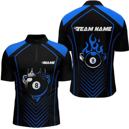 Customized Blue 8 Ball Pool Crown Men's Billiard Shirts, Billiard Team Shirts Polo & 1/4 Zip Shirts NNT37